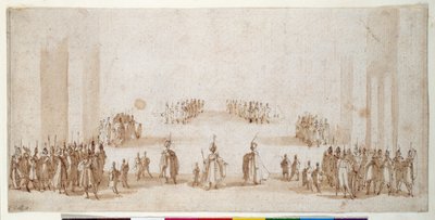 Skisse for iscenesettelse av grupper av figurer i 'Il Solimano' (penn og brunt blekk med brun vask over rødt kritt) av Jacques Callot