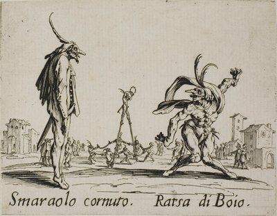 Horned Smaraolo - Ratsa di Boio, tallerken 4 fra Balli di Sfessania av Jacques Callot