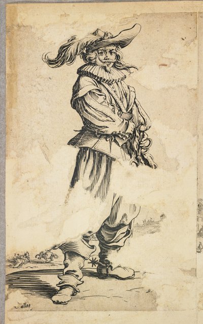 Soldat med fjærhatt, fra La Noblesse de Lorraine (verso), ca. 1620-23 av Jacques Callot