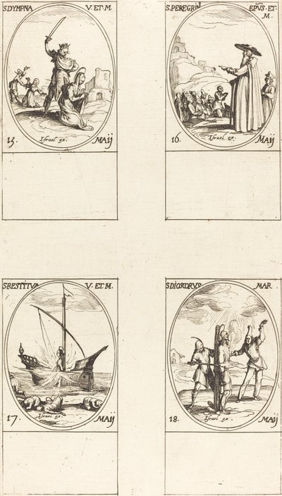 St. Dympna; St. Pilegrim; St. Restaurert; St. Dioscorus av Jacques Callot