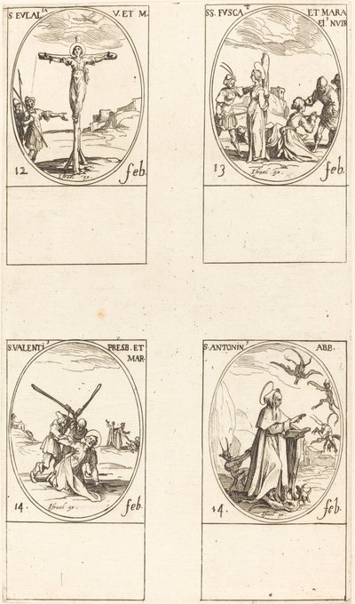 St. Eulalia; St. Fusca og Maura; St. Valentine; St. Anthony av Jacques Callot
