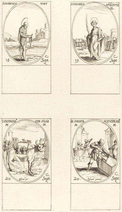 St. Ferreolus, St. januar, St. Eustace og hans barn, Sts. Fausta og Evelasius. av Jacques Callot