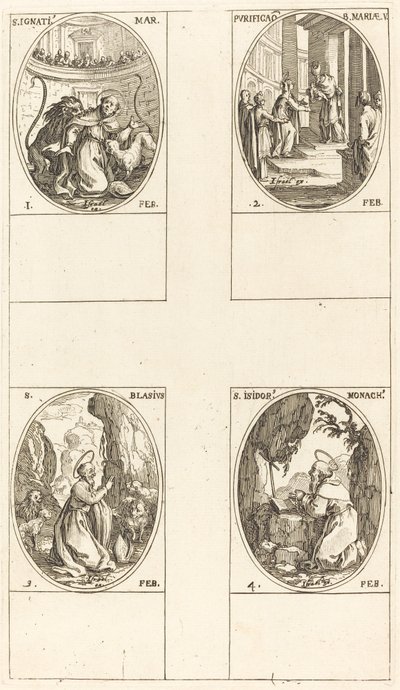 St. Ignatius; Rensing av jomfruen; St. Blaise; St. Isidore av Jacques Callot
