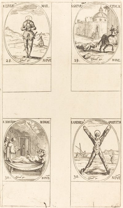 St. Liverius; St. Saturninus; St. T(I?)oscion; St. Andrew av Jacques Callot