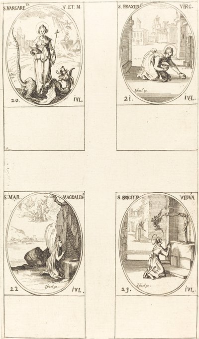 St. Margaret av Antiokia, St. Praxedes, St. Maria Magdalena, St. Birgitta av Sverige. av Jacques Callot