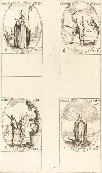 St. Nicholas; St. Dionisia og sønn; St. Agatha; Unnfangelse av jomfruen av Jacques Callot