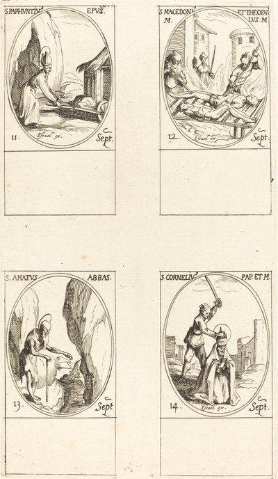St. Paphnutius; Hellige Macedonius og Theodulus; St. Elsket; St. Cornelia av Jacques Callot