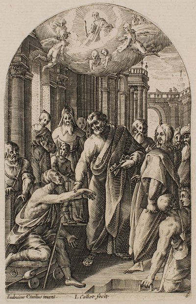 Sankt Peter og Sankt Johannes helbreder den lamme ved tempelporten, fra serien «Bilder fra Roma» av Jacques Callot