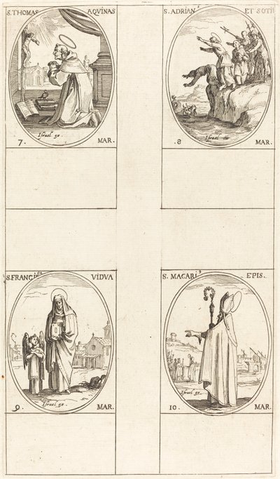 St. Thomas Aquin; St. Adrian og ledsagere; St. Frances; St. Macari av Jacques Callot