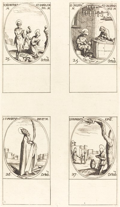 Sts. Chrysanthus og Daria, Sts. Crispin og Crispinian, St. Evaristus, St. Frumentius. av Jacques Callot