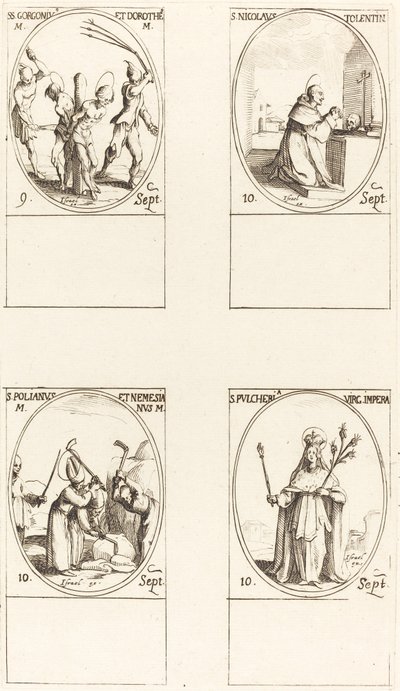 Hellige Gorgonius og Dorothy, St. Nicholas av Tolentino, St. Polianus & Nemesian, St. Pul. av Jacques Callot