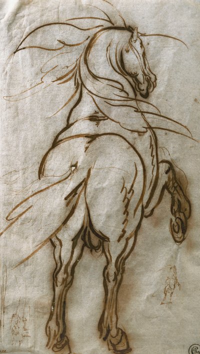 Studie av en oppdrettshest, med en datterstudie av det samme og utsikt over en by, av Jacques Callot