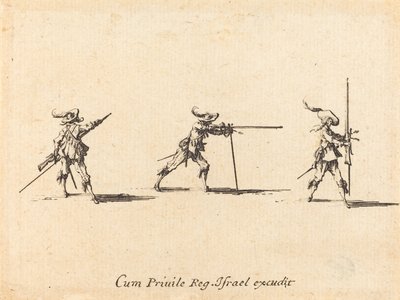 Inntar skyteposisjonen med musketten av Jacques Callot
