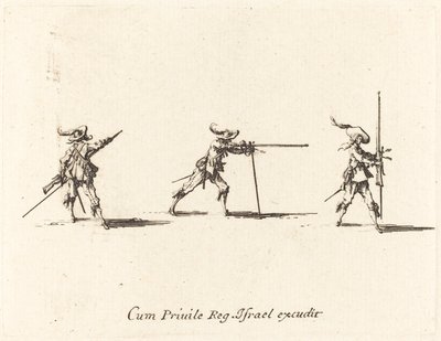 Inntar skyteposisjonen med musketten av Jacques Callot