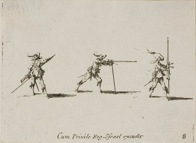Inntar skyteposisjonen med musketten, plate åtte fra The Military Exercises av Jacques Callot
