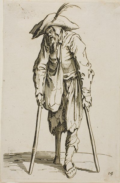 Tiggeren med trebenet, tallerken fjorten fra The Beggars av Jacques Callot