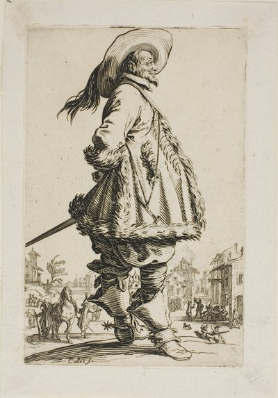 The Gentleman in a Pelstrimmet mantel, holder hendene bak ryggen hans, tallerken syv fra La Noblesse av Jacques Callot