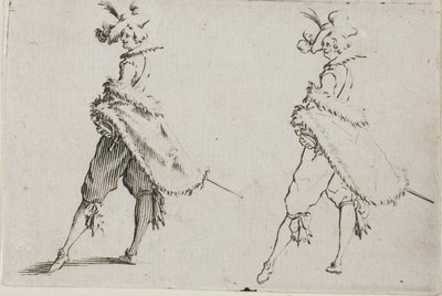 The Gentleman with a Coat, poserer med hendene på hoftene, fra The Caprices av Jacques Callot