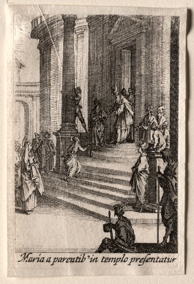 Jomfruens liv: Presentasjonen av jomfruen i tempelet. av Jacques Callot