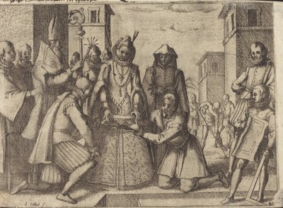 Dronningen legger den første steinen til kirken til de fattige Clares i Spania [verso] av Jacques Callot