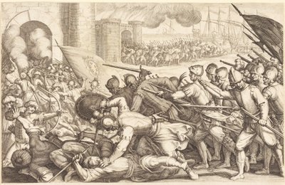 Troppene som tvinger seg gjennom porten til en by av Jacques Callot