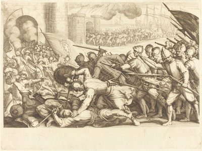 Troppene som tvinger porten til en by, ca. 1614. av Jacques Callot