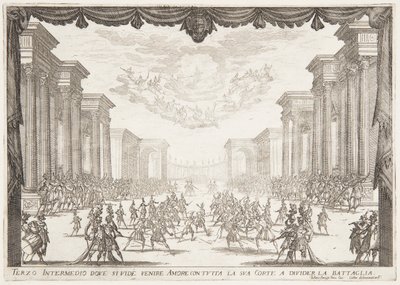Tredje intermezzo, Slaget blir stoppet av kjærlighetens ankomst med hennes Cortege av Jacques Callot