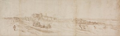 Utsikt over Castello Bracciano, nær Roma med buss og figurer av Jacques Callot