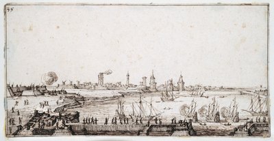 Utsikt over havnen i La Rochelle med galleoner som avfyrer en salutt (penn og brunt blekk på papir) av Jacques Callot