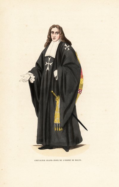 Grand Cross of the Knights Hospitaller, Order of Malta, Order of Knights of Hospital of Saint John of Jerusalem, Chevalier Grand-Croix de l’Ordre de Malte. Håndfarget treblokkgravering etter en illustrasjon av Jacques Charles Bar fra Abbot Tiron
