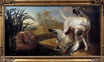 Braque hund som holder en stokkand i munnen Maleri av Jacques Charles Oudry (1720-1778) Paris fra 1700-tallet, dekorativ kunst av Jacques Charles Oudry