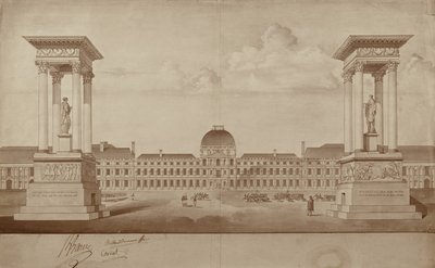 Plan for the monuments commemorating 14th July and 10th August, to be placed at Place du Carrousel (pen & ink on paper) av Jacques Delannoy