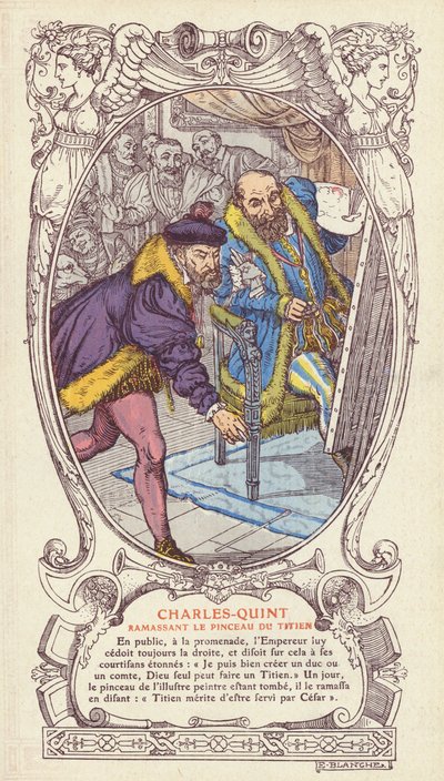 Charles V plukket opp Tizians pensel etter at han mistet den mens han jobbet med et portrett av keiseren (farge litho) av Jacques Emile (after) Blanche