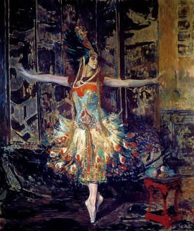 Den russiske danseren Tamara Karsavina (1885-1978) i ballett "Fire Bird"" komponert av Igor Stravinsky (Stravinsky) av Jacques Emile Blanche