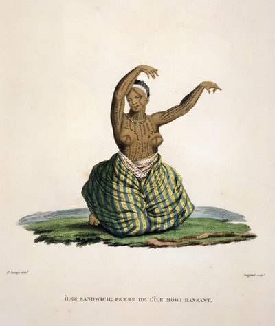 Dansende kvinne fra øya Maui, på Hawaii-øyene, gravert av Parfait Augrand (f.1782) av Jacques Etienne Victor Arago