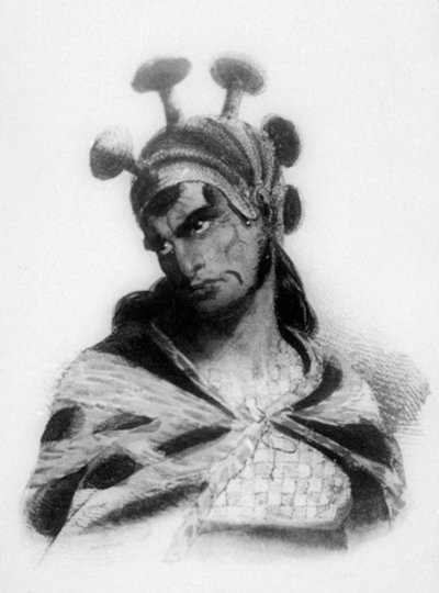 Hawaiisk kriger iført hjelm med sopppyntet emblem, 1819 av Jacques Etienne Victor Arago