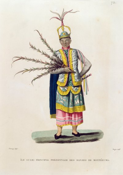 Island of Guam: Hovedperson fra dansene til Montezuma, fra "Voyage Around the World on the Corvettes of Urania 1817-20" gravert av Roger, utgitt 1825 av Jacques Etienne Victor Arago