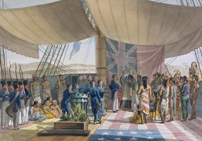 Sandwichøyene: Dåpen til kongens statsminister om bord på Uranie, fra Voyage Autour du Monde sur les Corvettes de LUranie 1817-20 gravert av Lerouge and Forget, utgitt 1825 ( av Jacques Etienne Victor Arago