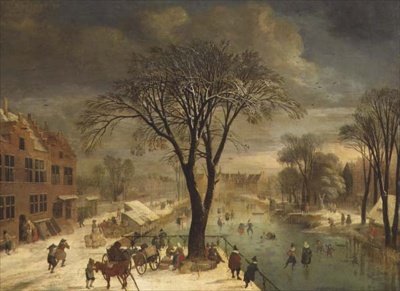 Vinterscene med skatere på en frossen elv av Jacques Fouquieres