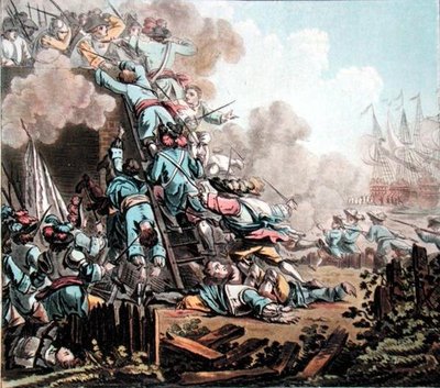 Fangst av fortet San Salvador, Sicilia (1674), gravert av Jean Baptiste Morret (fl.1790-1820) av Jacques Francois Joseph (after) Swebach