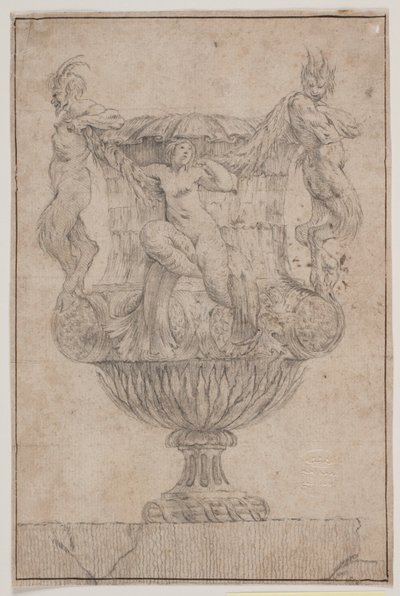 Dekorativ vase med Pan, faun og nymfe. Kopi etter Pl. 14 i suiten med vaser designet av Saly i 1746. "Vasa a se inventa..." av Jacques Francois Joseph Saly