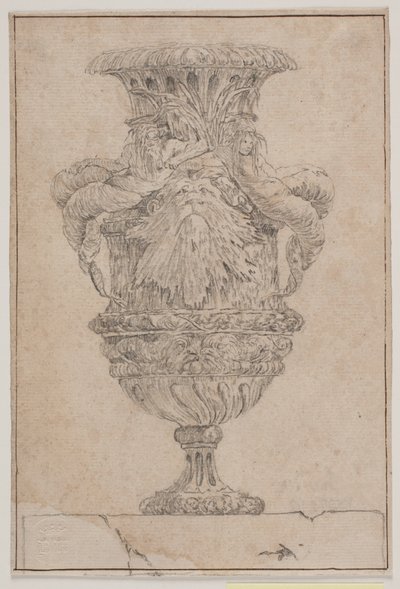 Prydvase med stort hode, havgud og vannymfe. Kopi etter Pl. 26 i suiten med vaser designet av Saly i 1746. "Vasa a se inventa..." av Jacques Francois Joseph Saly