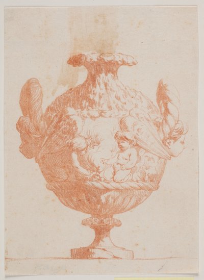Dekorativ vase med to hoder og to putter. Kopi etter pl. 19 i suiten med vaser designet av Saly i 1746. "Vasa a se inventa..." av Jacques Francois Joseph Saly