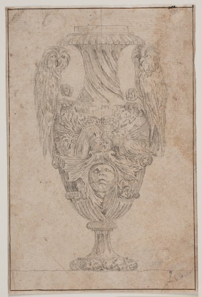 Dekorativ vase med to ugler og et hode. Kopi etter Pl. 15 i suiten med vaser tegnet av Saly i 1746, "Vasa a se inventa..." av Jacques Francois Joseph Saly