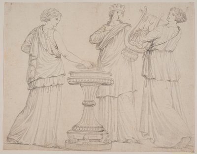 Tre kvinner i greske kapper ved et alter. Kvinnen t.v. med nettbrett (?), i midten med krone, t.h. med en lyre (terpsichore?) av Jacques Francois Joseph Saly