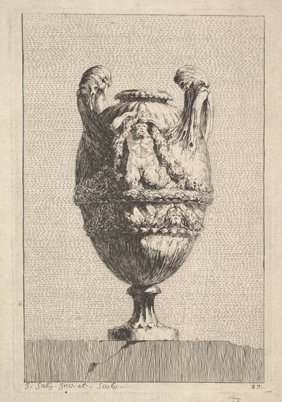 Vase med en mannlig sirene som holder opp en krans, fra: Vaser, 1746. av Jacques Francois Joseph Saly
