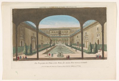 Utsikt over en gårdsplass med fontener av Alhambra i Granada Les bains des enciens rois Mores, en granat (tittel på objekt) av Jacques Gabriel Huquier