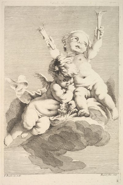 Two Cupids, One Holding Torches, midten til slutten av 1700-tallet. av Jacques Gabriel Huquier