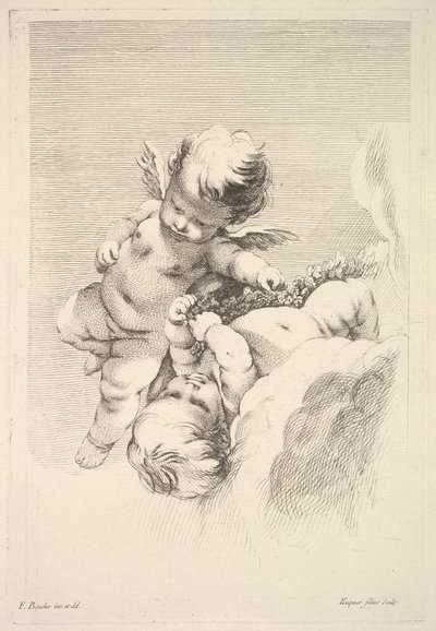 Two Cupids, One Holding a Wreath, midten til slutten av 1700-tallet. av Jacques Gabriel Huquier