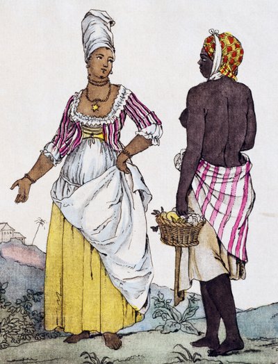 Svart kvinne og mulattkvinne fra Santo Domingo, fargegravering fra tegning av Labrousse av Jacques Grasset de Saint Sauveur